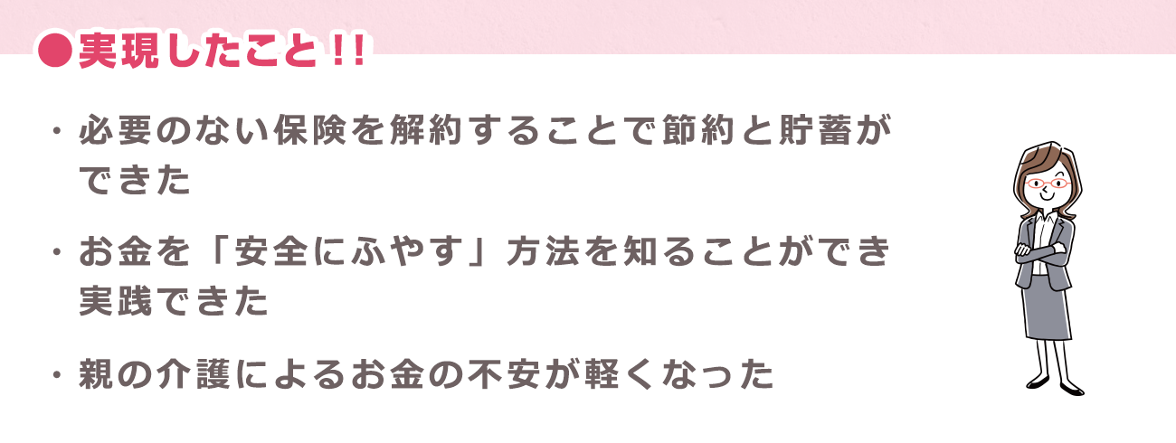 実現したこと「必要のない保険を解約することで節約と貯蓄ができた」「お金を「安全にふやす」方法を知ることができ実践できた」「親の介護によるお金の不安が軽くなった」