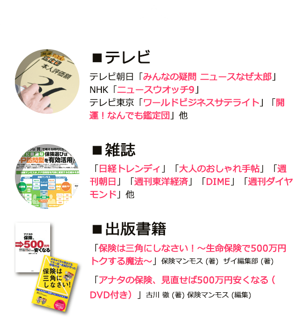 テレビ：テレビ朝日「みんなの疑問 ニュースなぜ太郎」
NHK「ニュースウオッチ9」
テレビ東京「ワールドビジネスサテライト」「開運！なんでも鑑定団」他、雑誌：「日経トレンディ」「大人のおしゃれ手帖」「週刊朝日」「週刊東洋経済」「DIME」「週刊ダイヤモンド」他出版書籍：「保険は三角にしなさい！～生命保険で500万円トクする魔法～」保険マンモス (著)  ザイ編集部 (著)、「アナタの保険、見直せば500万円安くなる（DVD付き）」古川 徹 (著) 保険マンモス (編集)